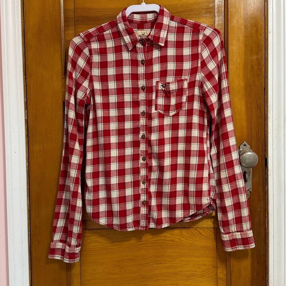 Hollister Cotton Red White Plaid Long Sleeve Button Down Shirt Women’s Small